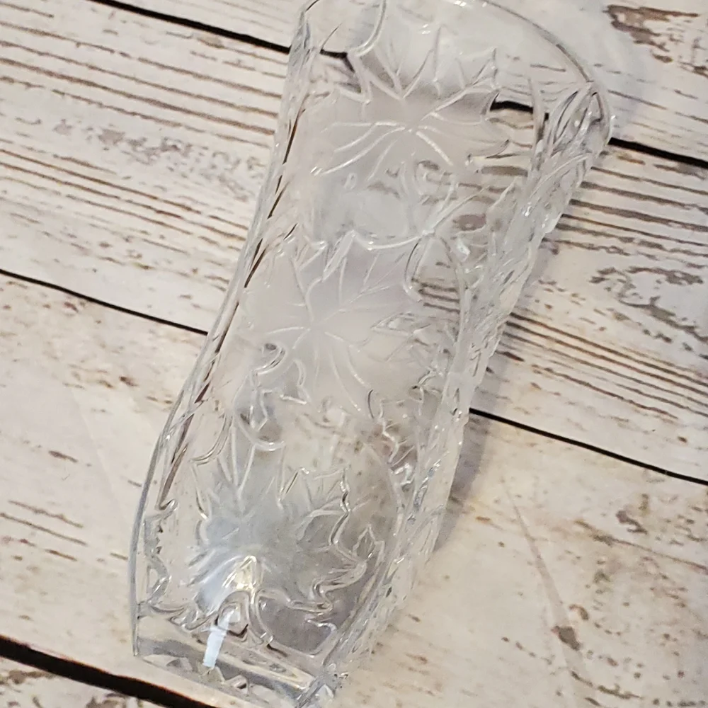 Deplomb vintage lead crystal frosted maple leaves vase 9 inches tall